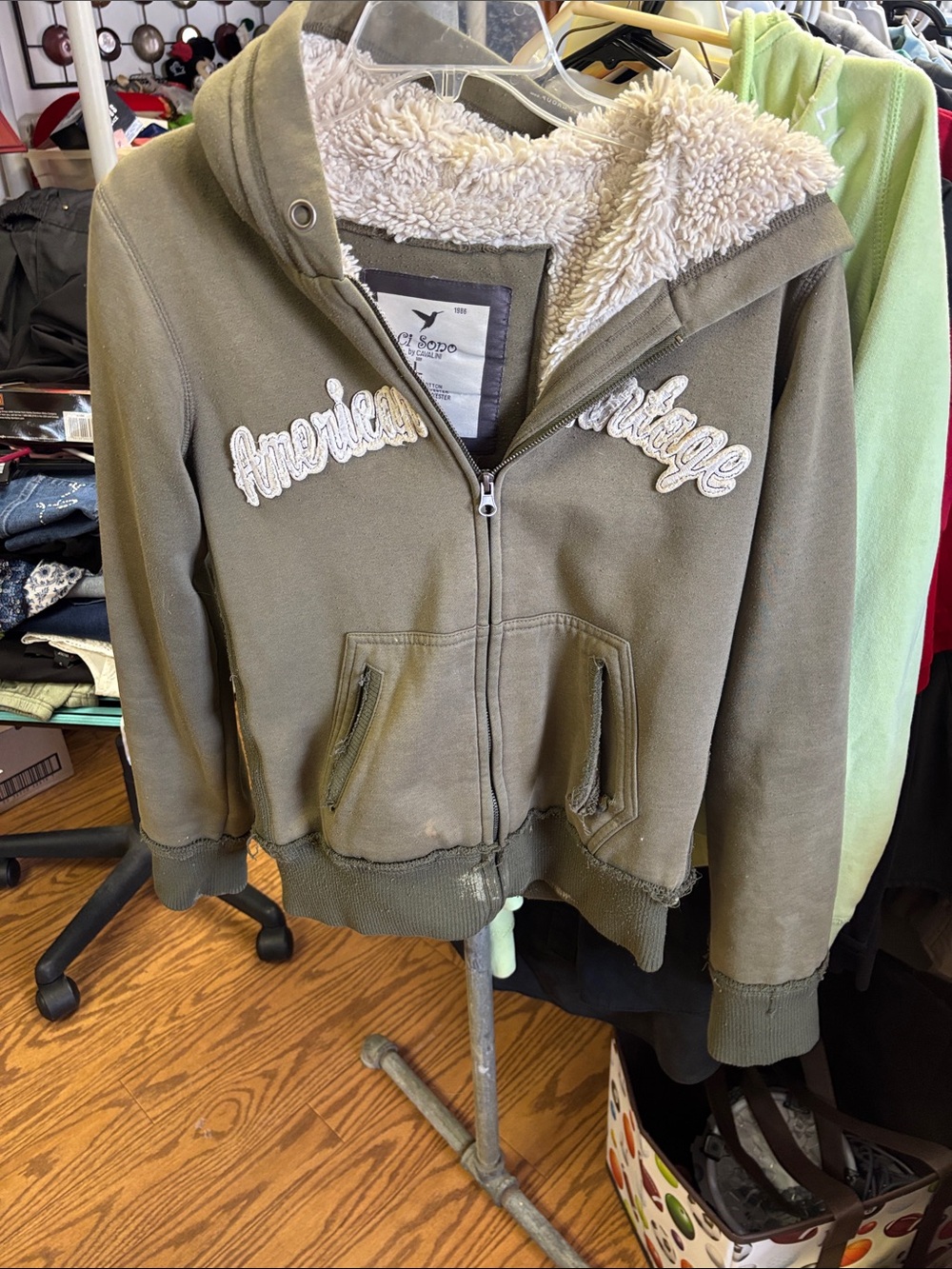 American Vintage Olive Green Hooded Sherpa-Lined Puffer Jacket